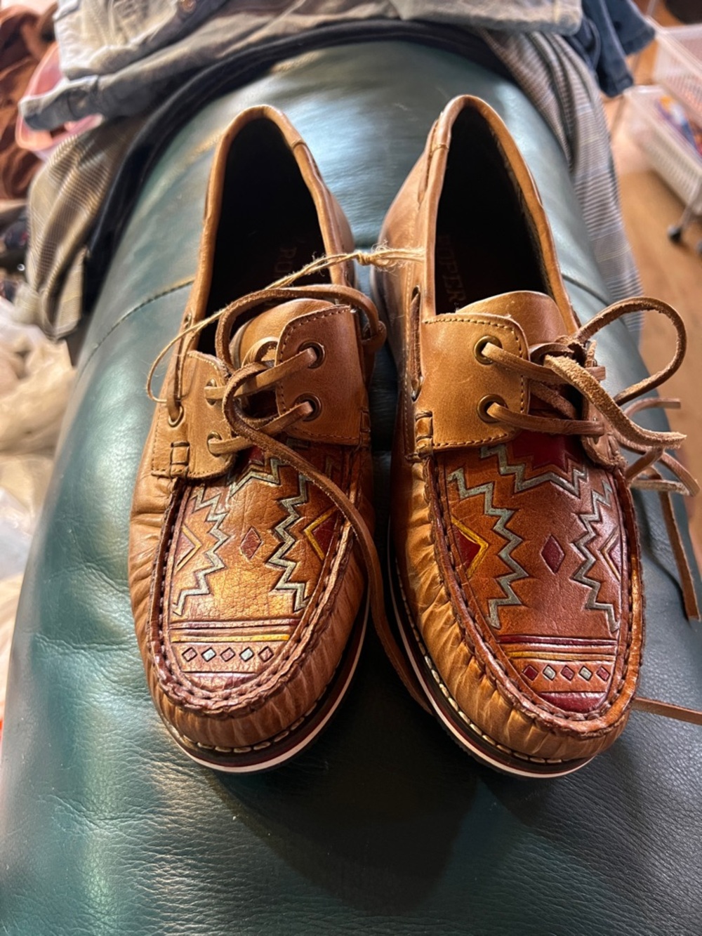 Roper Brown Leather Moc Toe Shoes with Aztec Embroidery